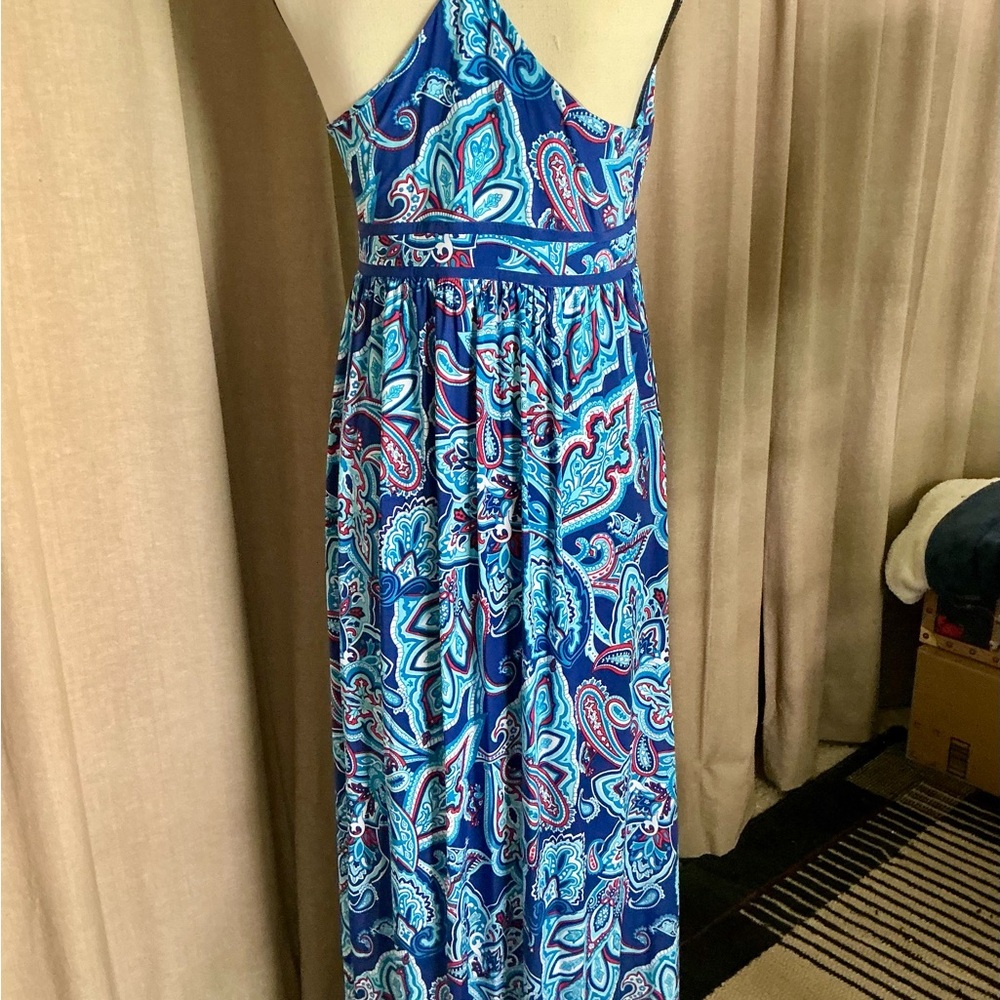 INC International Concepts Asymmetrical Tie Front Maxi Dress Blue Purple